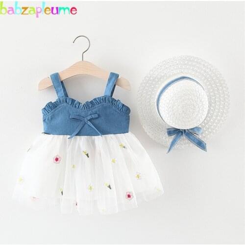 2Piece Summer Little Girls Clothing Toddler Clothes Sleeveless Lace Mesh Denim Baby Princess Dress+Sunhat Newborn Dresses 2004-1