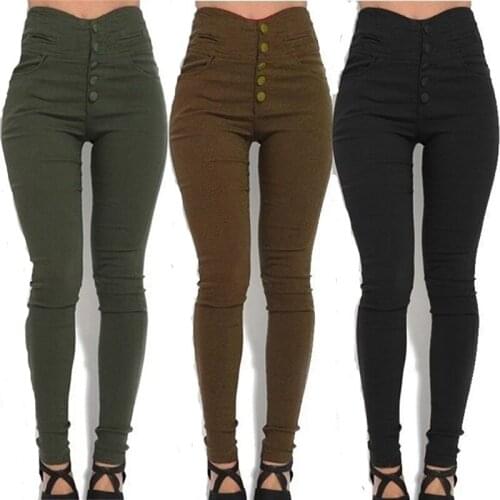 Fashion Womens High Waist Skinny Stretch Pencil Pants Slim Fit Trousers Stylish Female Black/Army Green/Brown Button Long Pants