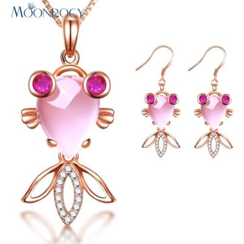 MOONROCY Drop Shipping Rose Gold Color Fish CZ Crystal Ross Quartz Pink Opal Necklace and Earrings Jewelry Set for Women Girls