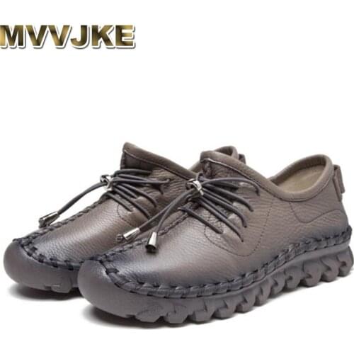 MVVJKE Womens Handmade Shoes Genuine Leather Flat Lacing Mother Shoes Woman Loafers Soft Single Flats Casual Shoes Women
