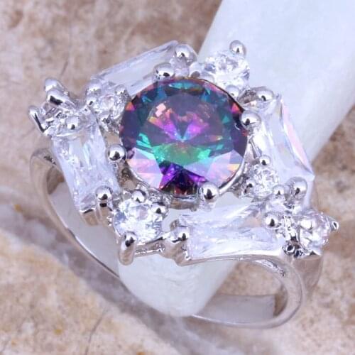 Unusual Rainbow Cubic Zirconia White CZ Silver Plated Ring Size 6 / 7 / 8 / 9 E711