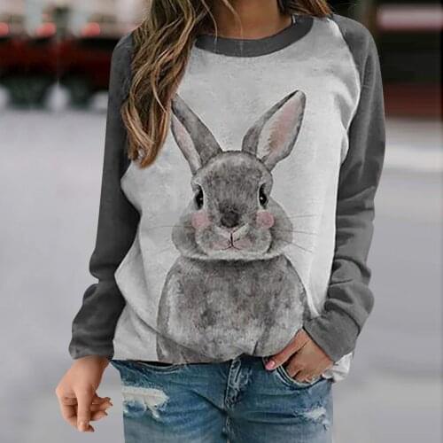 Autumn Womens Hoodie Casual Kawaii Rabbit Print Sweatshirts Thermal Crewneck Long Sleeve Shirts Loose Pullover Sweatshirt