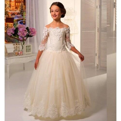 Ivory/White Appliques Princess Flower Girl Dresses For Weddings with Scoop Half Sleeve Ankle Length Girls First Communion Dress