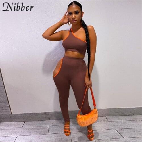 Nibber Casual Tracksuit 2 Two Piece Set Women One Shoulder Skinny Crop Top And Side Hollow Out Elasticity Pants Streetwear