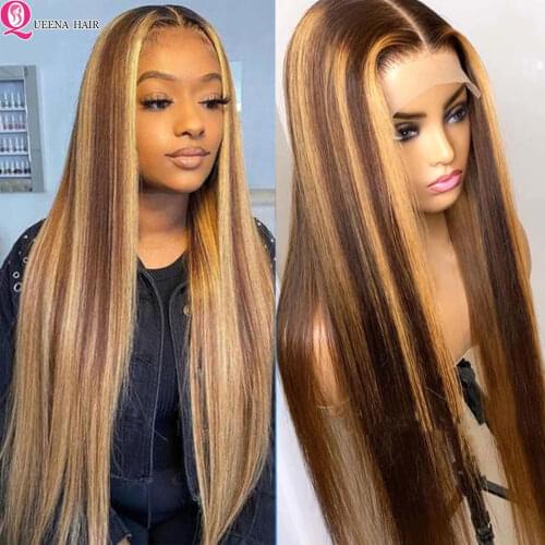 Ombre Brown Human Hair Wig Highlight Straight Lace Front Wig Honey Blonde Lace Front Wigs Ombre 1B/30 Color Brazilian Lace Wigs