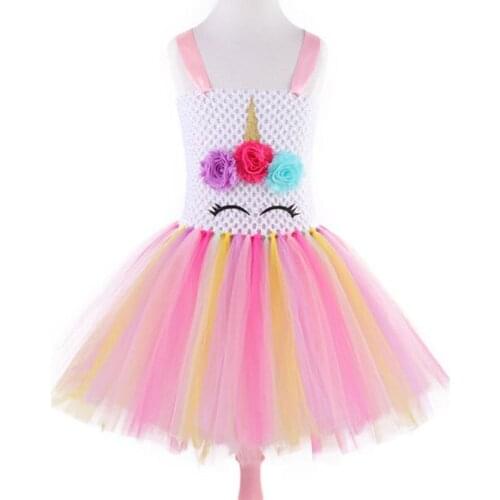 Flower Girls Unicorn Tutu Dress Pastel Rainbow Princess Girls Birthday Party Dress Children Kids Halloween Unicorn Costume 1-12Y