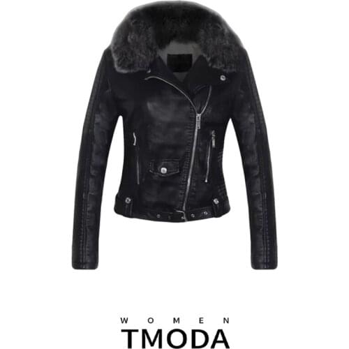 TMODA285 2021 Hot Women Winter Warm Faux Leather Jackets with Fur Collar Lady Black Motorcycle & Biker Outerwear Coats