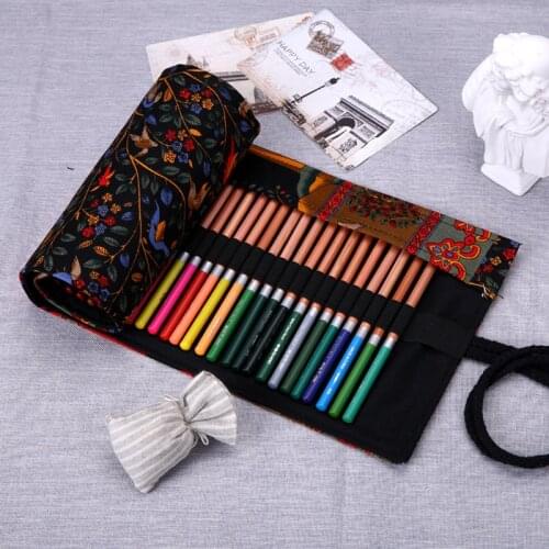 Vintage 36/48/72 Holes Pencil Bag School Canvas Painting Stationery Roll Sketch Pen Makeup Brush Bag Kits Rolling Up Holders Box