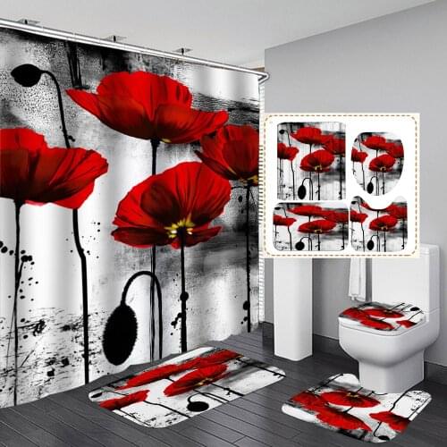 Red Flowers Pattern 180X180CM Waterproof Bathroom Shower Curtain Anti-slip 1pc Door Rugs 3pcs Toilet Lid Cover Mat Carpet