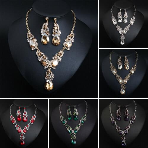 Water Drop Wedding Bridal Formal Party Prom Jewelry Sets Crystal Rhinestone Brides Necklace Earrings Sets Statement Choker Bibs
