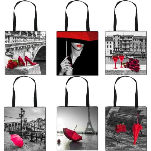 Woman Fashion Multi-function Handbag Foldable Reusable Casual Shopping Bag Rose Embroidery Red&Black Series Print Shoulder bag