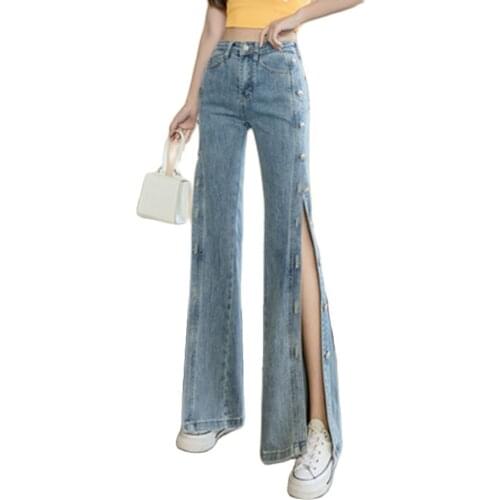 2021 New Women Fashion Denim Jeans For Spring Summer Side Buttons Split Flare Jeans Wide Leg S To XL Slit To The Thigh Blue