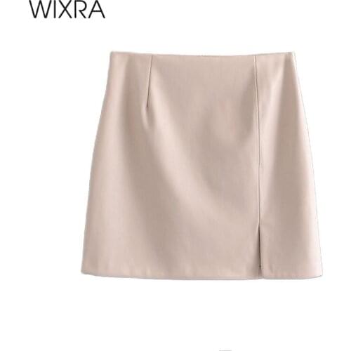 Wixra Womens Solid PU Mini Skirts Faux Leather Cothing OL Style Streetwear Ladies 2021 Autumn Spring