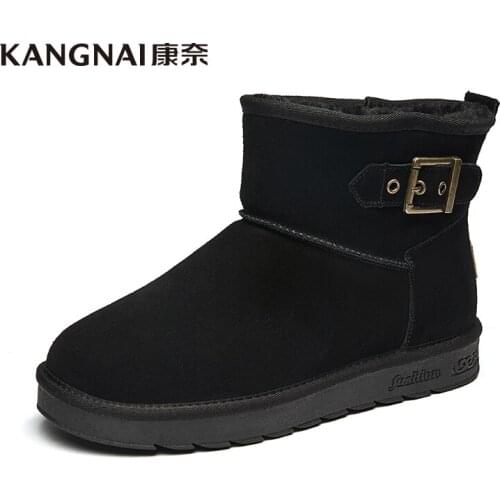KANGNAI Winter Shoes Cow Suede Buckle Decoration Comfortable Plush Warm Snow Boots for Men