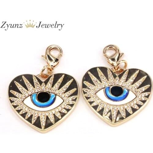 5PCS, CZ Micro Pave Enamel Eye On Heart Shape Pendant/Charm,Cubic Zirconia Dangle Pendant, Necklace Bracelet Charm Pendant