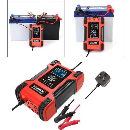 Car Battery Charger 24V 6A 100-240V AC Pulse Repair Power Emergency Automatic Motorcycle Charging with Cable Clamps UK Plug