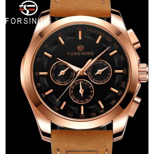 FORSINING Automatic Mechanical Wristwatch Military Sport Male Clock Top Brand Luxury Genuine Leather Rose Gold Man Watch 6917