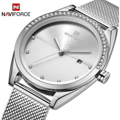 New NAVIFORCE Top Brand Luxury Silver Women Quartz Wristwatches With Diamonds Fashion Business Calendar Waterproof Lady Watches