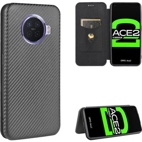 Carbon Fiber Pattern Case For OPPO Ace2 Card Holder Magnetic Protective Flip Cover