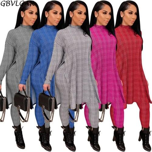 Women Houndstooth Printed Vintage Two Piece Set Autumn Tracksuit Turtleneck Side Split Loose Tops and Stretch Pant Co-ord Sets