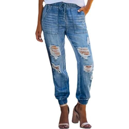 Vintage Jeans Women Ripped Ankle Banded Ripped High Waist Ladies Trousers Pockets Casual Denim Harem Pants for Work