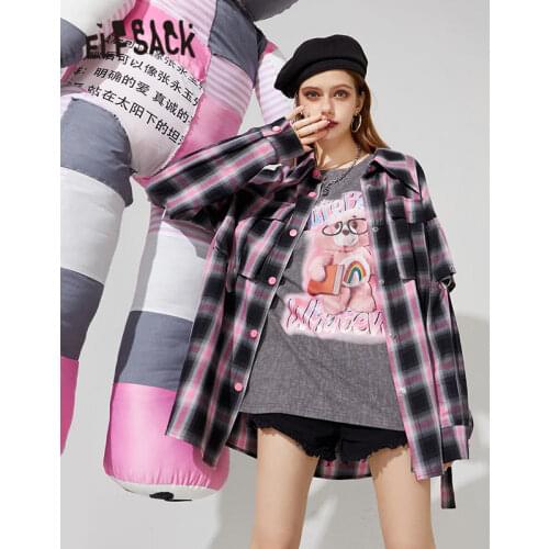 ELFSACK Bear Plaid Applique Single Breasted Casual Shirt Women,2021 Summer Vintage Full Sleeve,Ladies Basic Chic Top