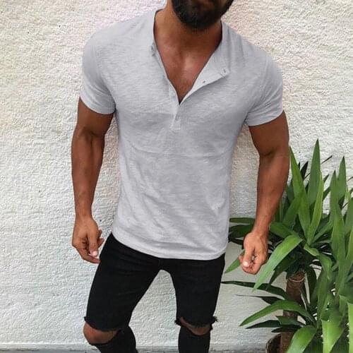 Fashion Summer T Shirts Mens Short Sleeve Button Solid Color Tops Mens Top Slim V-neck Pullover Casual Quick-dry Tees Shirt