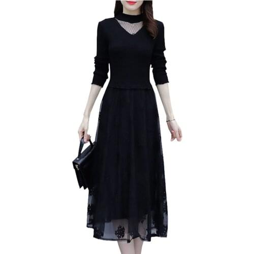 Fake Two-piece Elasticidad Knitted Stitching Lace Vestido Plus size Mesh Sexy O-Neck Dress 2021 New Womens Autumn Dresses OK658
