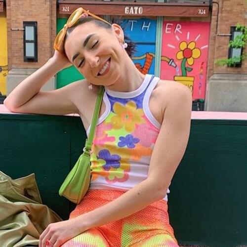 Ins Streetwear Tank Top Women Multicolor Floral Print Sleeveless Crop Tops Fashion Casual Y Type Cotton Bodycon Cute Tops 2021