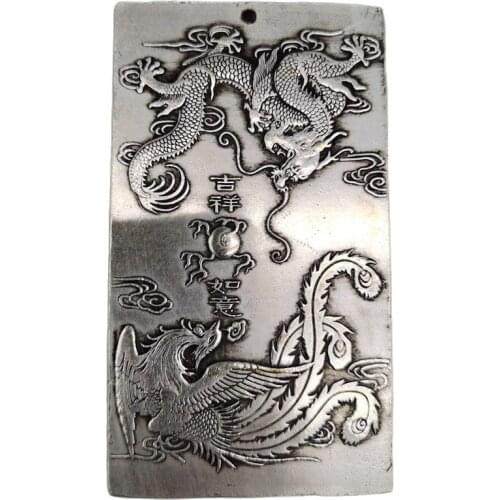 Chinese Old Tibetan Silver Relief Dragon And Phoenix Waist Card Amulet Pendant Feng Shui Lucky Card Pendant