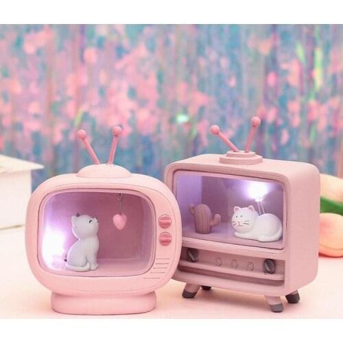 Cuet Cat Home Decoration Light Creative Cute TV Cat Lamp Pink LED Nightlight Valentines Day Birthday Gift Home Decor Mini Lamp