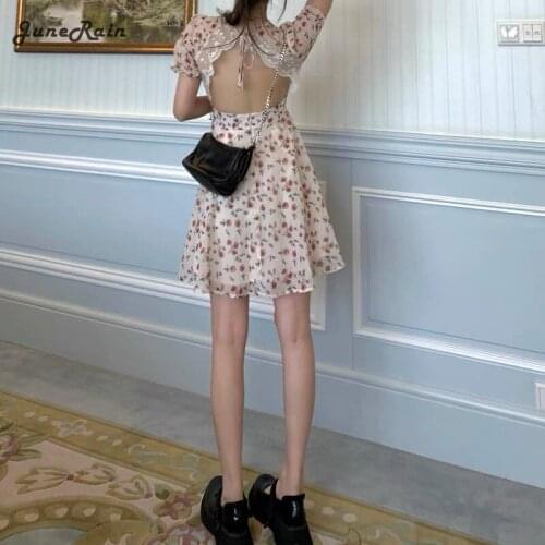 Summer Elegant Floral Dress Women Lace Up Designer Backless Sexy Mini Dress French Retro High Waist Chic Party Sweet Dress 2021