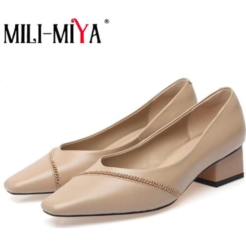 MILI-MIYA Casual Low Thick Heels Women Cow Leather Pumps Square Toe Slip On Solid Color Comfortable Street Shoes Size 34-40