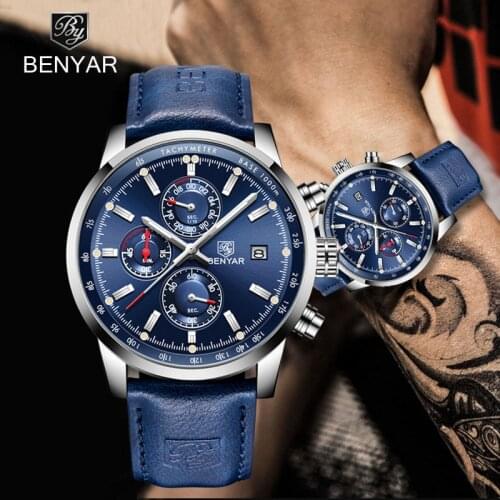 BENYAR Blue Fashion Business Clock Mens Watches Top Brand Luxury Leather Military Chronograph Quartz Watch Men Relogio Masculino