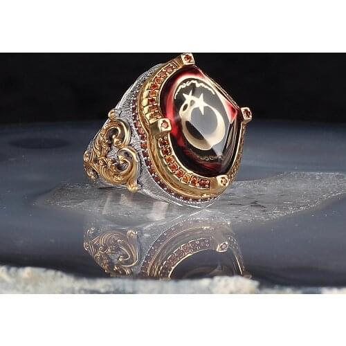 Crescent Amber Gemstone Lapping Coated Silver Men 'S Ring