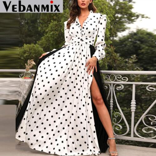 Polka Dot Slit V-Neck Long Sleeve Dress Ruffle Trim Mesh Dress Maxi Party Dress Elegant Boho Beach Dress Casual Long Dresses