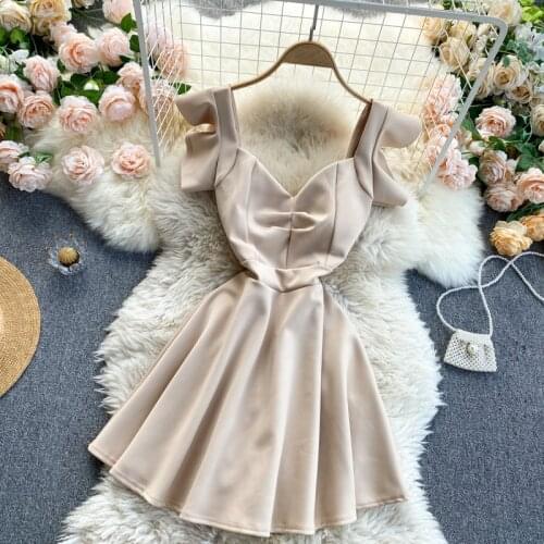 Summer Womens Dress Korean Commuter Solid Color V-neck Waist Dress New Pleated Slim Female Short Dresses HH064