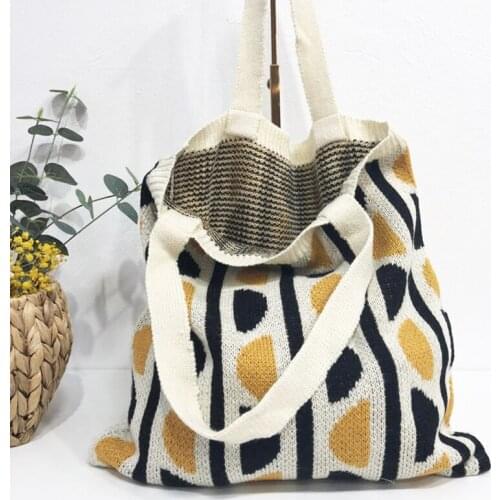 Teenager Korean Knitting Casual Crochet Top-handle Tote Bag Women Fashion Retro Leisure Soft Shopping Shopper Handbag For Female