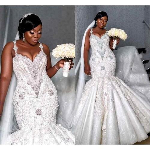 African Mermaid Wedding Dresses Plus Size 2021 robe de mariee Beaded Crystal Lace Wedding Gowns Custom Made Bridal Dress