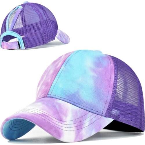 Woman Girl Tie Dye Ponytail Baseball Cap Mesh Net Adjustable Snapback Cap Camping Beach Sunhat European American Outdoor Sports