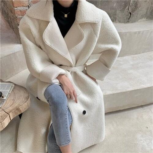 New Women Korea Long Style Slim Waist Notched Collar Sheepskin Coat All Match Thick Warm Parkas In Winter
