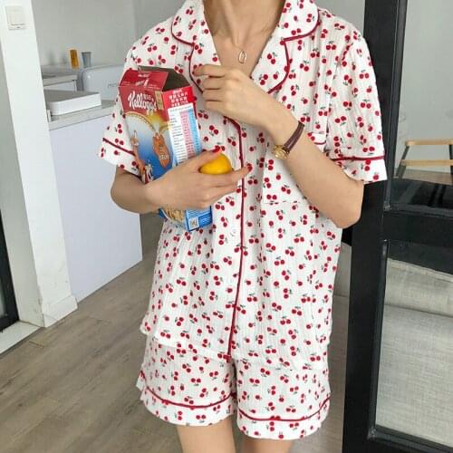 Women Home Clothes Summer Cherry Print Pajamas Set Mujer 2pcs Notched Floral Cotton Sleepwear Sweet Kawaii Fresh Nightsuit S944
