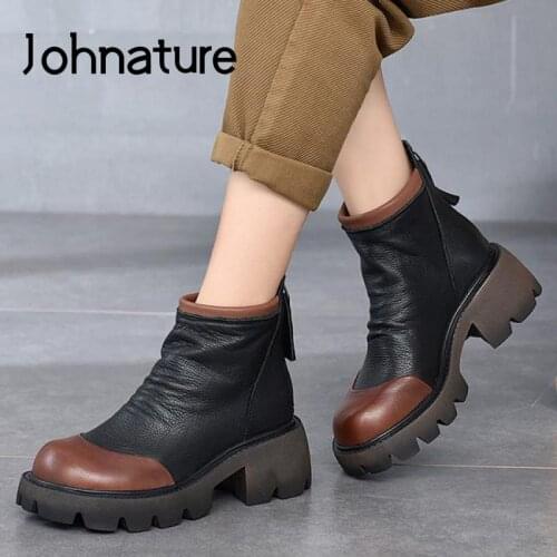 Johnature Ankle Boots Women Shoes Genuine Leather 2021 New Autumn Zip Mixed Colors Round Toe Handmade Concise Platform Boots