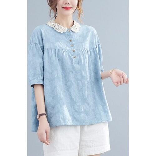 Women Summer Cotton Linen Casual Shirts New Arrival 2021 Korean Style Lace Peter Pan Collar Loose Female Short Sleeve Tops B416