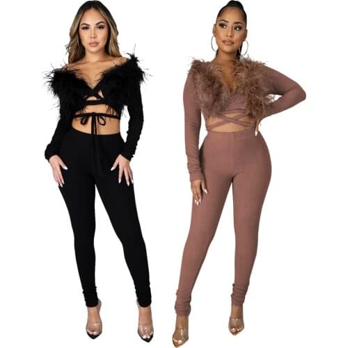Feather Patchwork 2 Piece Set Woman Long Sleeve V Neck Lace Up Crop Top And Drawstring Pencil Pants Night Club Party Outfits