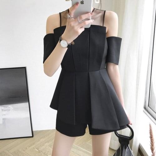 Two Piece Set Top and Pants 2018 Summer New Elegant Navy Blue Short Sleeve Peplum Tops Blouses + Pearl Pin Up Slim Trouser