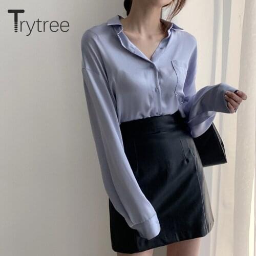 Trytree 2021 Spring Two Piece Women Set Casual Cotton Blends Pocket Blouse + Zipper Mini PU Skirt Office Lady 2 Piece Suit