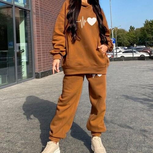 Womens Tracksuit Set Hoodie Oversize Heart Print Woman Casual Two Piece Sets Pants And Sweatshirt 2021 Winter Autumn Streetwear