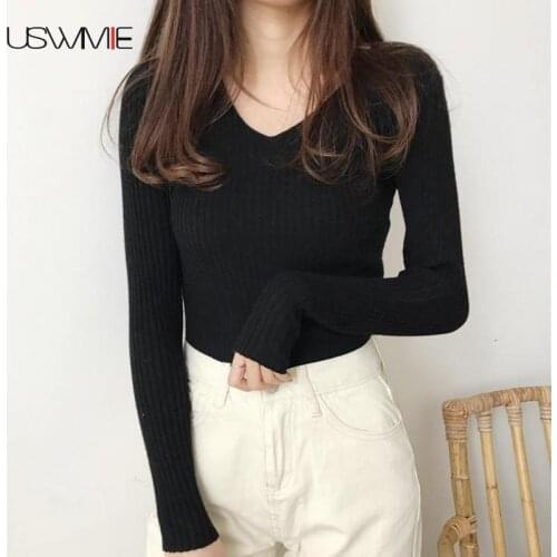 Sweater Women Spring New Sexy Fashion Tight Long Sleeve V-neck Solid Color High Elasticity Comfort Knitting Bottoming Pullover