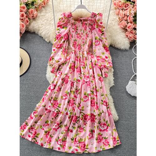 Spring Autumn Bohemian Vacation Beach Long Dress Women Elegant Square Collar Lantern Long Sleeve A-Line Vestidos Casual Robe New
